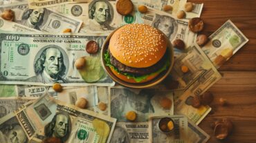 A Big Mac hamburger is displayed on a stack of money.