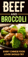 Close-up of a plate with beef and broccoli in sauce, served with rice, captioned "Beef and Broccoli: Every Chinese food lover should try.