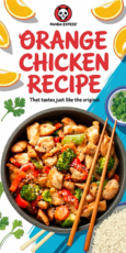 A bowl of orange chicken with broccoli and red peppers, garnished with chopsticks, surrounded by orange slices, cilantro, green onions, and a serving of rice.