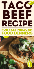 A close-up of beef tacos on tortillas with chopped onions and cilantro, below bold text reading "Taco Beef Recipe for Fast Mexican Food Dinners.