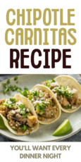 Three chipotle carnitas tacos with cilantro and cheese are served on a plate with lime wedges, under text promoting a chipotle carnitas recipe.