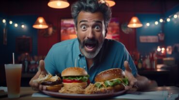 A man holding up a plate of hamburgers and fries.